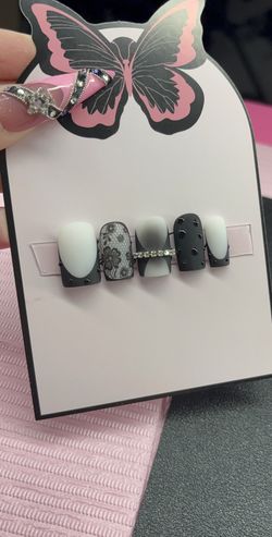 Short square Press on nails black milky white nude matte lace 3D gel French tips