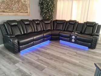 Black Breathing Leather Recliner Sofa Set with Blutooth Speaker
