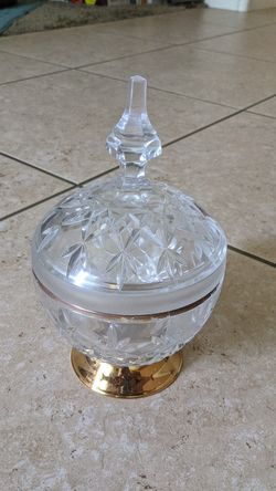 Gold rim cut glass candy dish