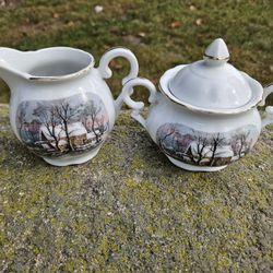 Vintage Avon 1977 Currier & Ives "Old Grist Mill" creamer and sugar