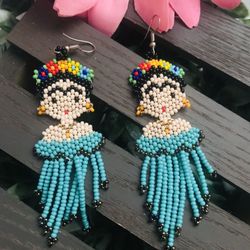 Frida Earrings Joyeria artesanal Mexicana En Arte Huichol, Jewelry