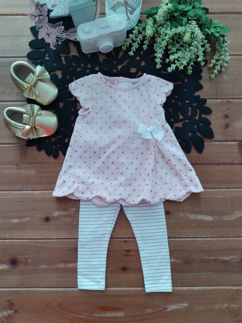 3-6MOS 2-PIECE SET LIGHT PINK & GOLD POLKA-DOT TUNIC W/WHITE & GOLD STRIPED LEGGINGS 