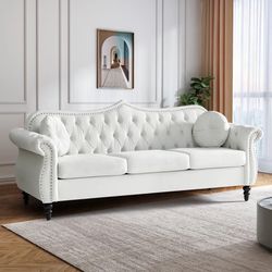 82.67" White  Chesterfield  Velvet Sofa 