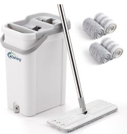 oshang Mop and Bucket Set for Home Floor Cleaning, Hands Free Flat Mop, Stainless-Steel Handle, 4 Washable & Reusable Microfiber Pads