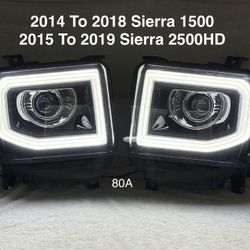 2014 To 2018 GMC Sierra 1500 LED DRL Projector Headlights  // 2015 To 2019 GMC Sierra 2500HD / 3500HD LED DRL Projector Headlights - Black 