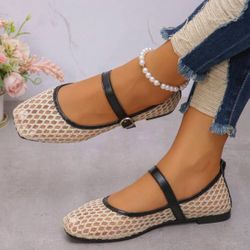 Size 7  Fashion Versatile Mary Jane Beige Grid Hollow Breathable Women Flat Casual Shoes, Convenient Daily Wear, Comfortable Embroidered Ballet