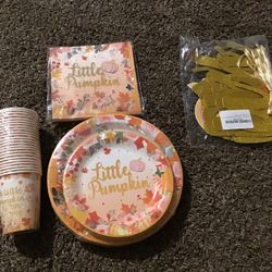 “A Little Pumpkin Is On The Way” Plates, Cups And Banner
