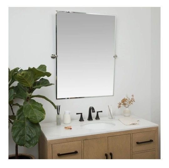Hamilton Hills Beveled Bathroom Mirror - 30 x 40 Inch Adjustable Pivot Corner Mirror for Bathrooms - Rectangular Vanity with Square Tilt Brackets - Po