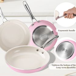 Kikcoin 3 pack Non-Stick Ceramic Frying Pan Set, Healthy Cookware Skillet Set with Stay Cool Handles, Induction Safe,