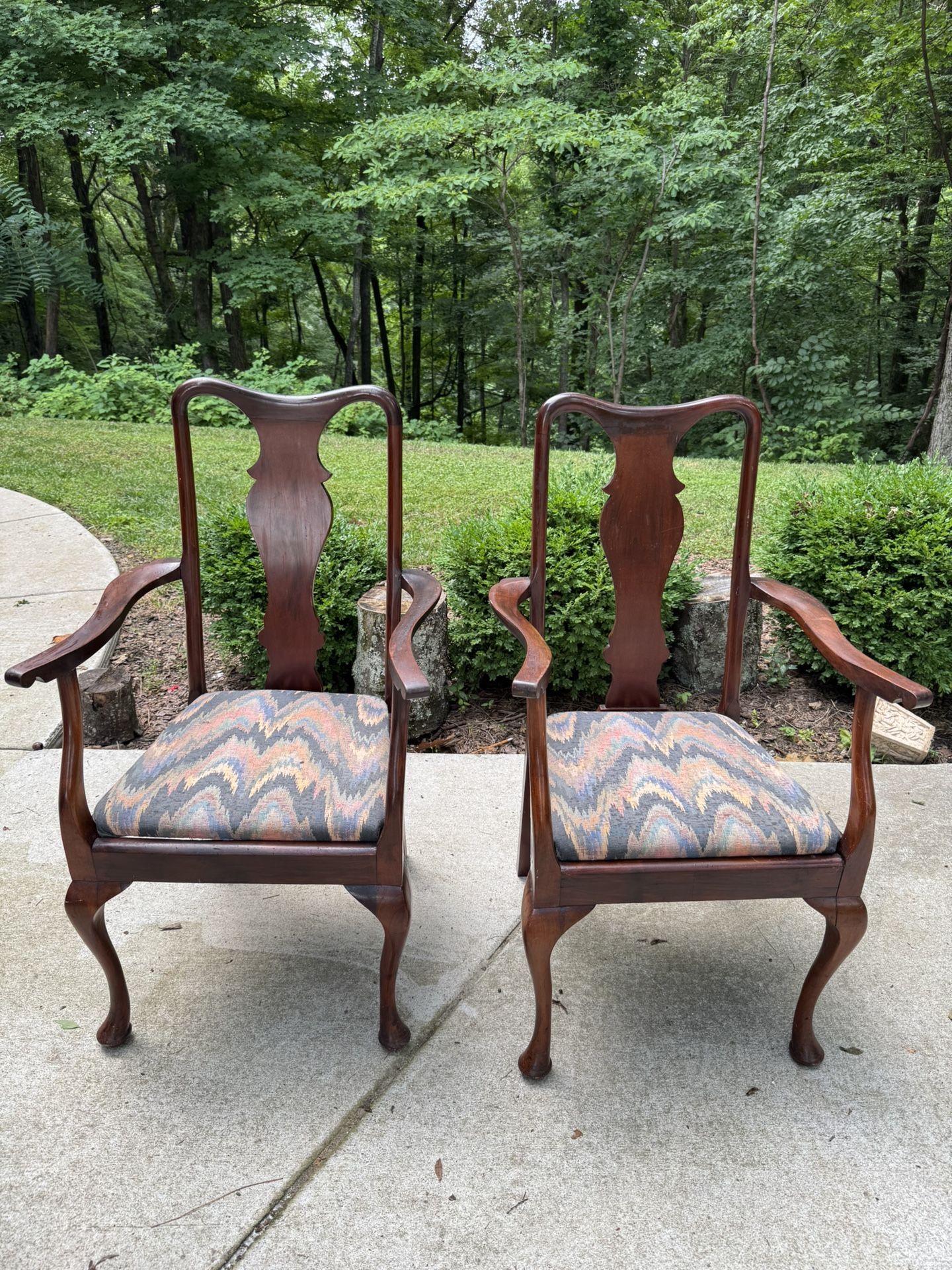 Pair of English Antique dining side chairs. Seats remove easily for recovering with a new pattern