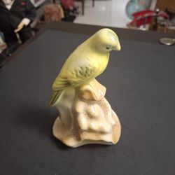 Yellow Bird With Green Accents On Rocks, Glossy Ceramic Figurine- Made In Brazil 6.5"H