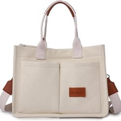 Tote Bag for Women Canvas Patched Purse Cute Shoulder Bag Multi-Pocket Satchel Handbag for work travel
