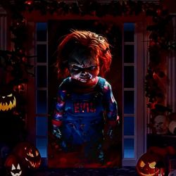 🎃 Chucky “EVIL” Halloween Door Cover – Creepy Horror Decoration 👻
