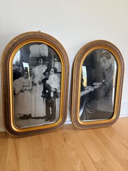 Pair of Large Antique Arched Gold Frames with Convex Bubble Glass and Vintage Black and White Prints