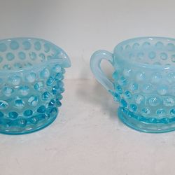Beautiful Vintage Fenton Hobnail Blue Glass Opalescent Small Set of Cream & Sugar