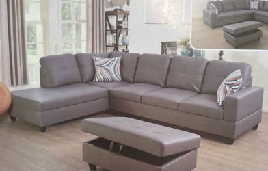 Gray leather sectional couch