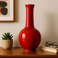 Italy 1960s Red Glazed Tall Vase Glossy Rosso Lava Oxblood Style, 2.5x12”