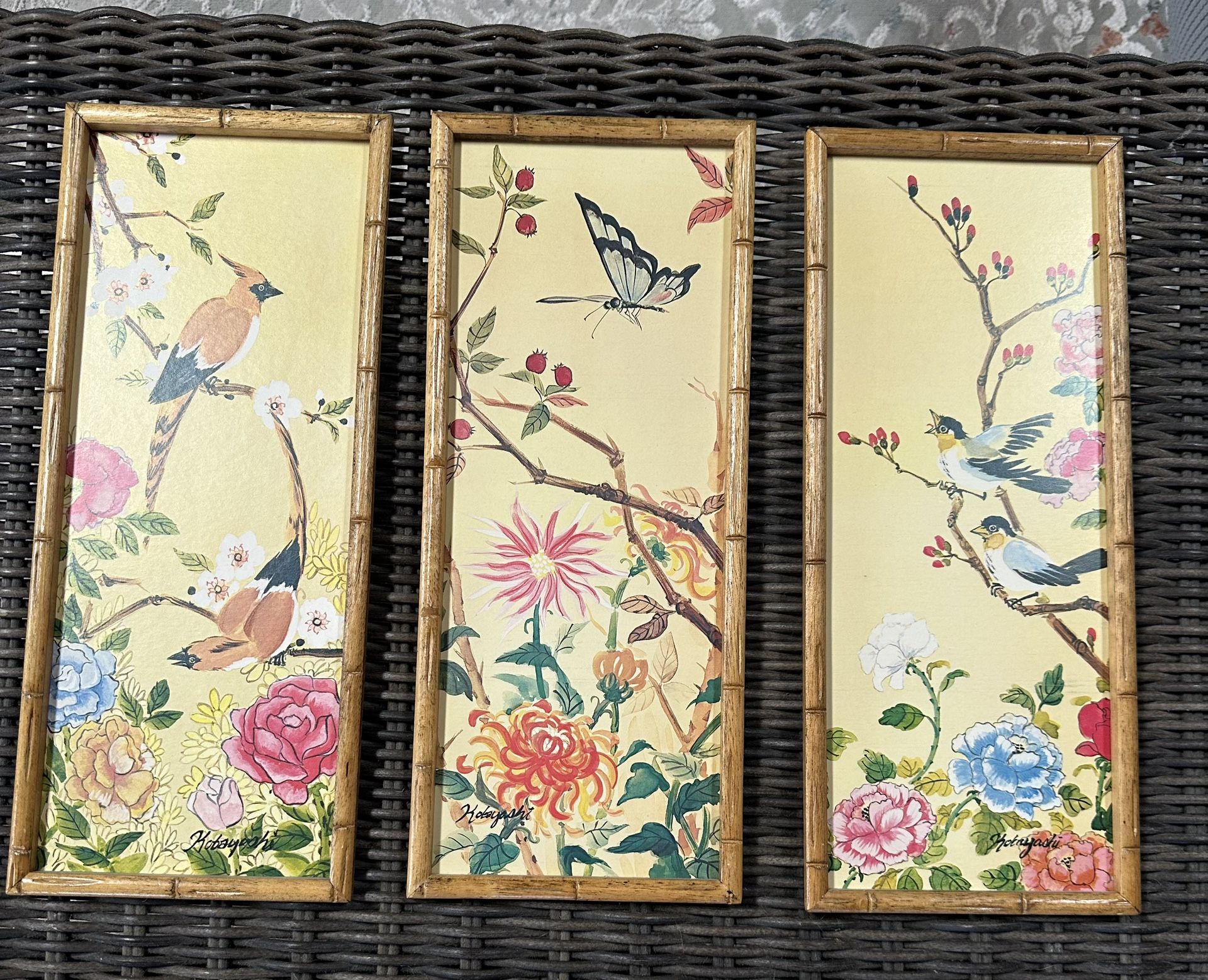 MCM Kobayashi Japanese vintage art prints wall decor. Bamboo look frames. No glass. Frames in good shape