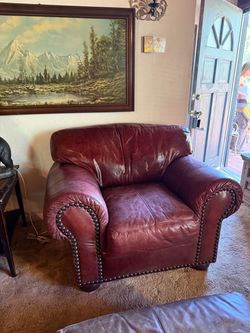 Burgundy Leather Oversized Armchair with Nailhead Trim