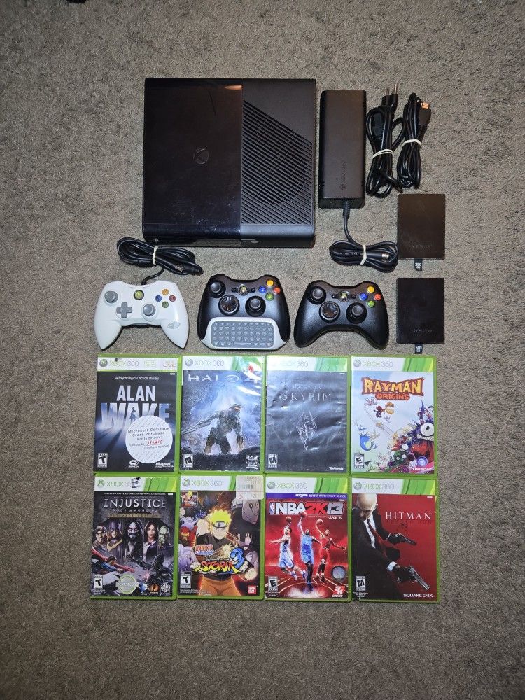Microsoft Xbox 360 E Console Bundle – 500GB + 250GB – 3 Controllers – 8 Games – TestedXbox 360 E Bundle –