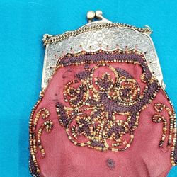 Vintage Embroidered and Beaded Silk Red Evening Purse with Brass Closure.