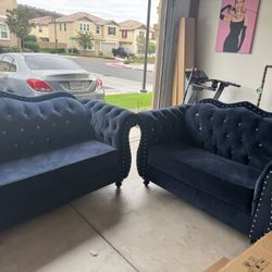 Navy Blue Velvet Tufted Sofa and Loveseat Set with Crystal Accents