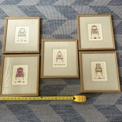 Lot of 5 vintage gold framed matted fancy arm chair pictures Italian English p/u Jamison, Pa  11”x12” frames 