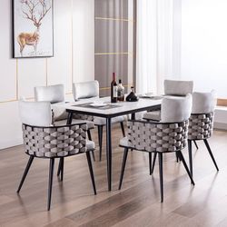BFZ Mid-Century Modern Dining Chairs Set of 4,Handmade Woven Kitchen Chairs, Upholstered Velvet Dining Chairs with Metal Legs for Kitchen, Dining Room