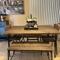 Five Piece Rustic Metal Dining Table With Bench