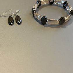 Black Silver Beaded Elastic Bracelet And Pendant Earrings Set  EUC $12