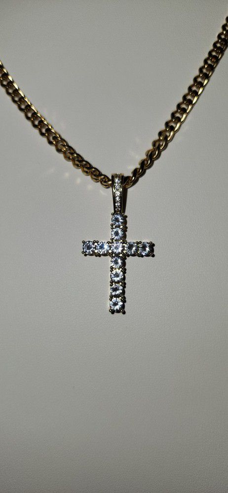 18K Gold Plated Cross Pendant With Cuban Chain