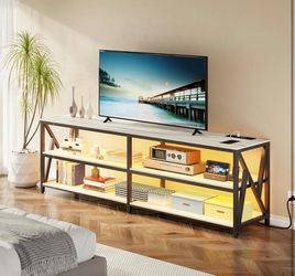 LED TV Stand for 65 70 75 inch TV, Auto Sensor Entertainment Center with RGB Dimmable Lights, TV Console Table with Open Storage Shelves and Metal Fra