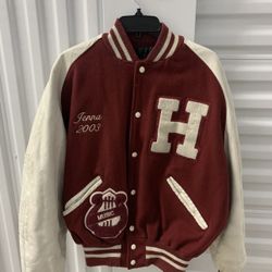 DeLong Letterman's Varsity Award Jacket Red Tan Womens L w/ Patches