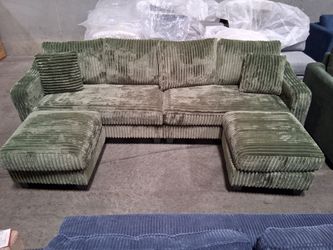 Green Corduroy Modular Sofa with Ottoman