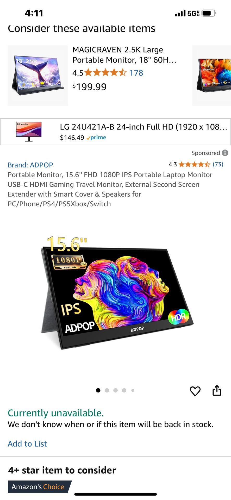 Portable Monitor, 15.6" FHD 1080P IPS Portable Laptop Monitor USB-C HDMI Gaming Travel Monitor, External Second Screen Extender with Smart Cover & Spe