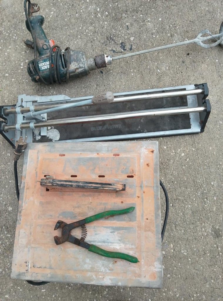 Tile Saw, Pliers, Black & Decker Drill with Mixing Attachment,Black & Decker Drill with Mixing Attachment