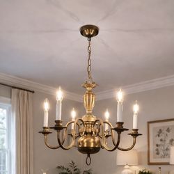 Antique Brass 6-Light Colonial Chandelier | Traditional Candelabra Dining Chandelier