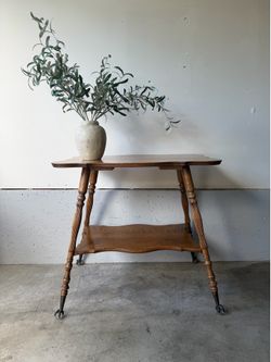 Vintage Oak Scalloped Tea Cart Table with Claw Foot Casters