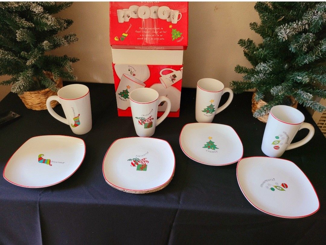 Fitz & Floyd Latte Mug & Plate Set Christmas Holiday Gourmet Porcelain 8 Pc Set