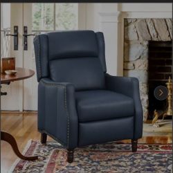 Lange 28in. W Navy Genuine Leather Nailhead Trim Recliner Armchair with Cushioned Back and Wooden Legs