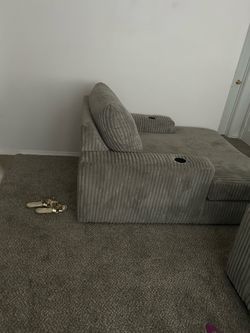 Oversized Gray Corduroy Sectional/Chaise Sofa with Cup Holders