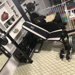 Bench Press, Squat Rack, Barbell And Assorted Weights