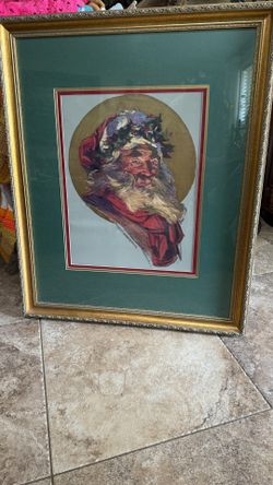 Vintage 32x27 traditional Santa Claus traditional Christmas artwork w gold ornate frame wall decor