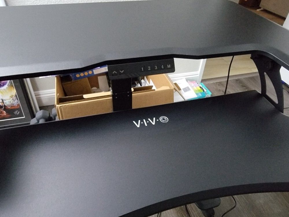 LITERALLY LIKE NEW!! - 36" VIVO ELECTRIC HEIGHT ADJUSTABLE TYPING/ STANDING DESK ON LOCKABLE WHEELS (2 -TIER DESK DESIGN)