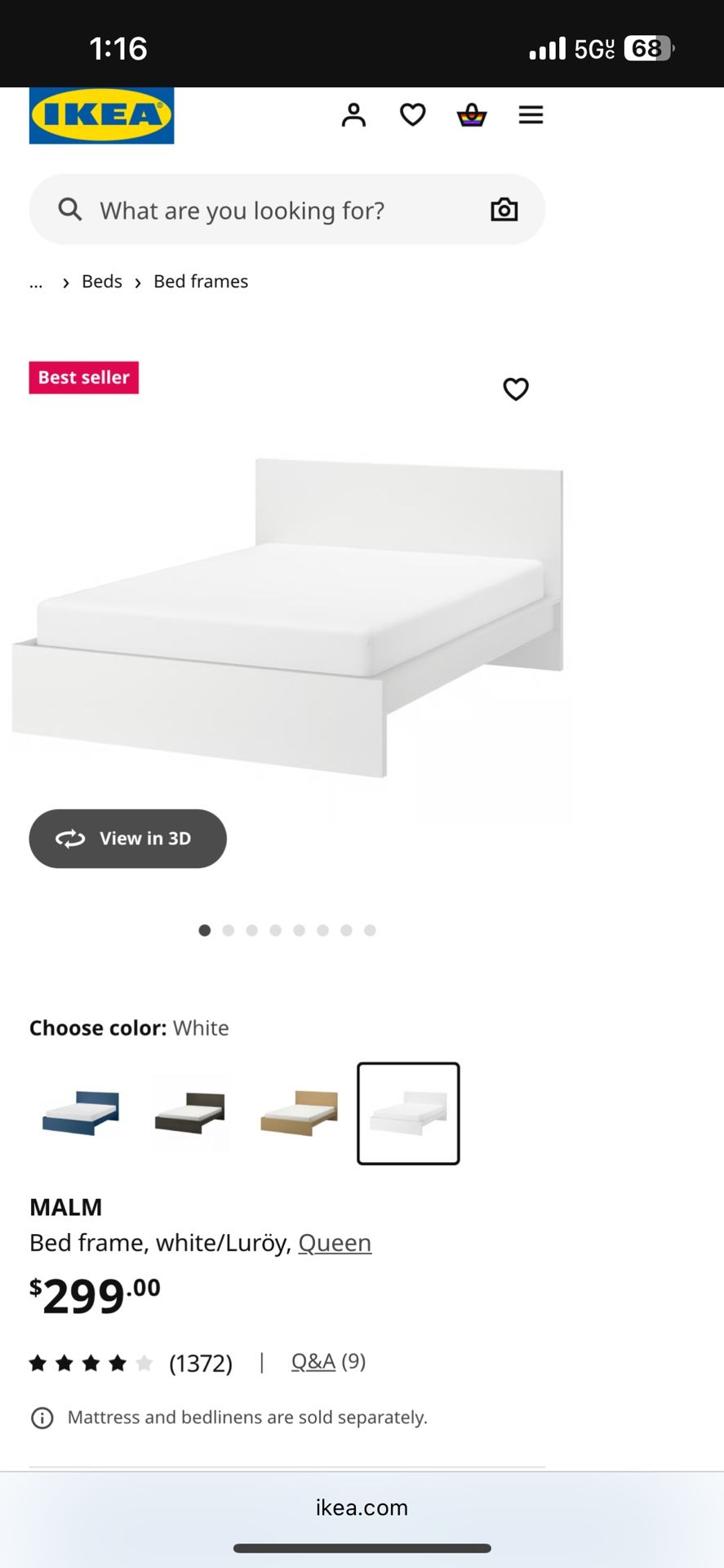 Ikea Malm Queen Sized Bed Frame in White