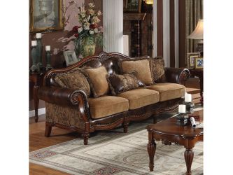 Dreena Traditional Bonded Leather and Chenille Sofa