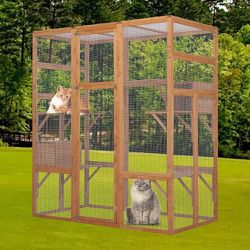 Cat Catio Outdoor Enclosure, Large Wooden Cat House Outside Condo with Platform, Weatherproof Cat Run Cat Tree(Orange)