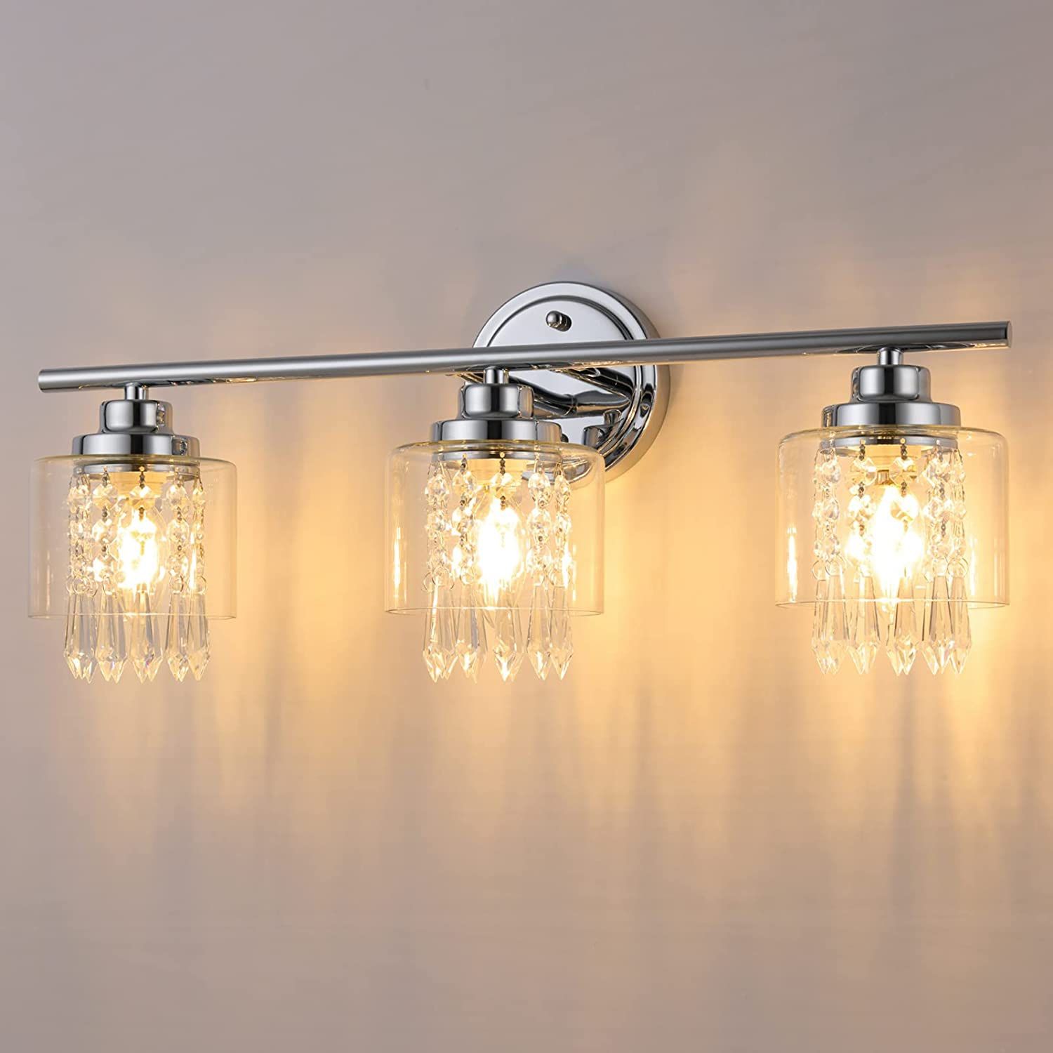Bathroom Vanity Light Fixtures, 3-Light Crystal Wall Sconces with Clear Glass Shade, Wall Lamp for Mirror Bedroom Hallway