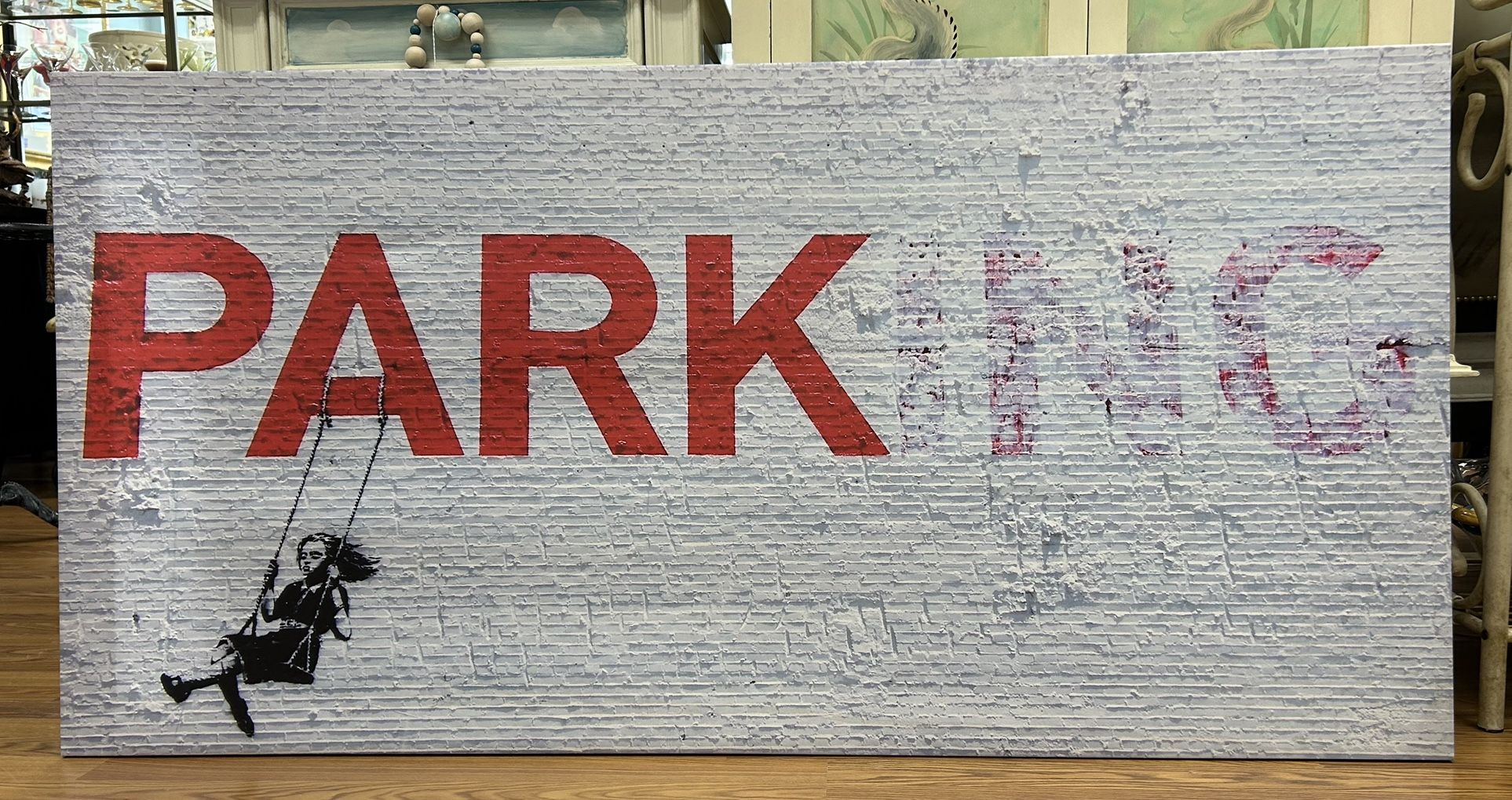 Graffiti Banksy swing girl parking canvas 5 feet x 30”