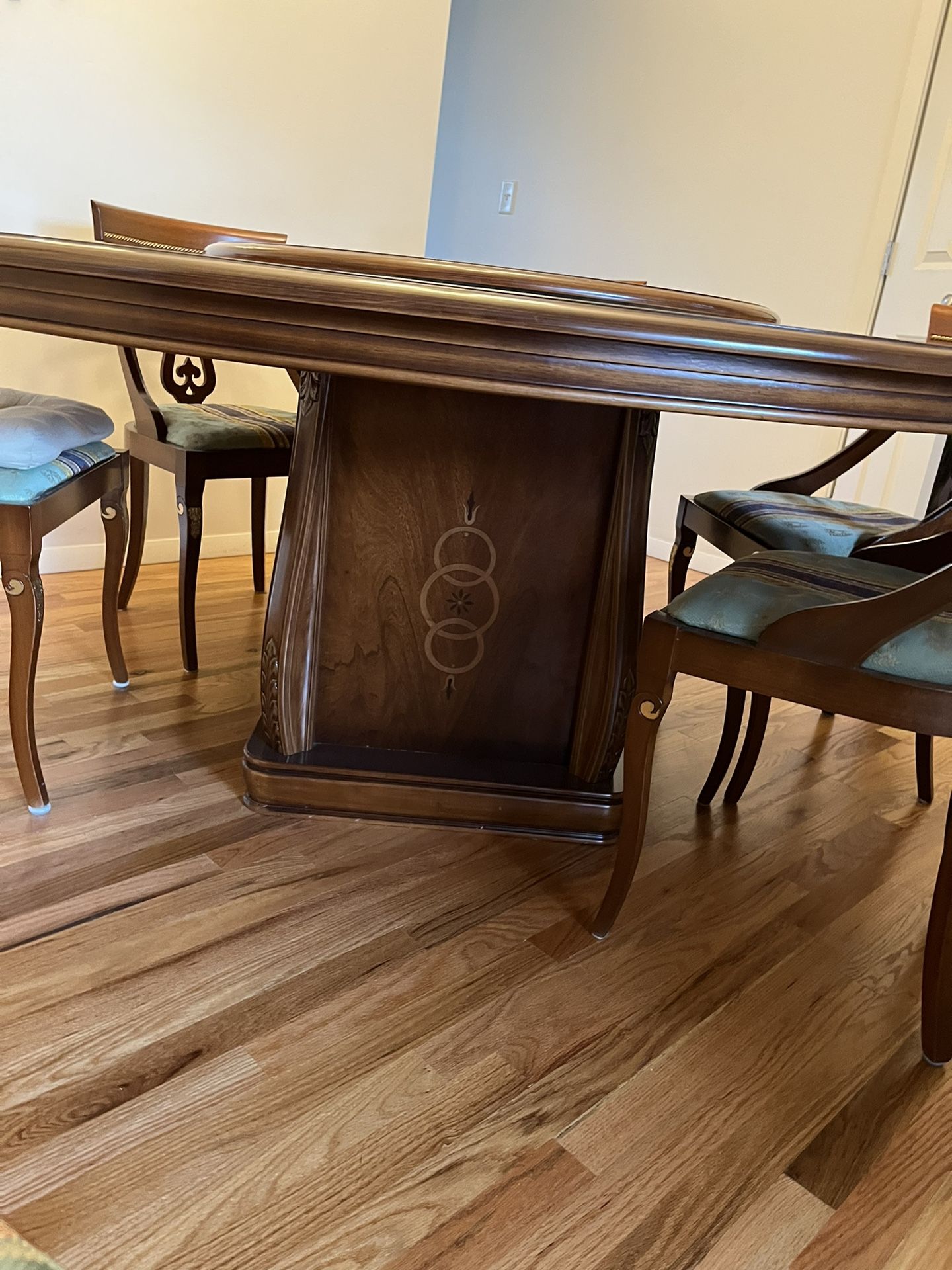 Big Round Dining Table + 6 Chairs And Lazy Suzan, Solid Wood for Sale